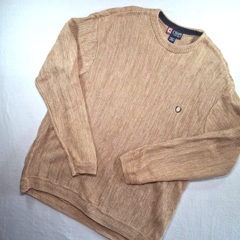 VTG 90s Herringbone Sweater XL Tan Chevron Knit Cotton Crewneck Preppy Old Money
